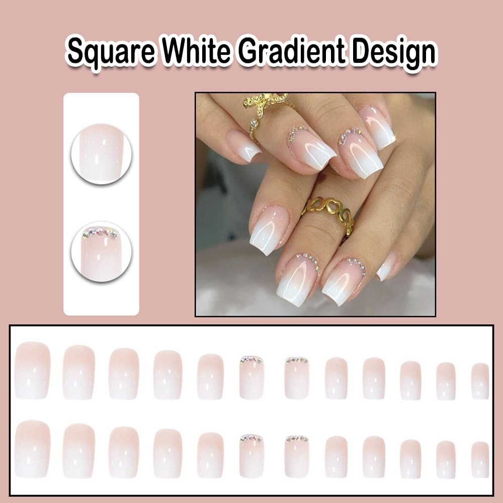 French Tip Press On Nails Ombre Square Glossy Fake Nails 24PCS