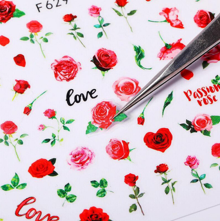 3D Nail Stickers Decals Valentine Red Blue Pink Rose Flower Love Decoration NS3