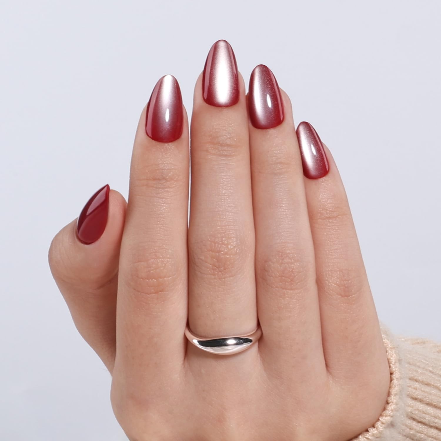 WiniBeauty Red Cat Eye Press On Nails – Burgundy Short Almond Fake Nails | Da…