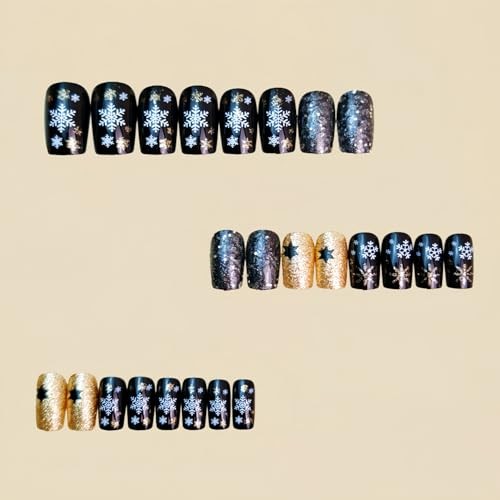Christmas Press On Nails Medium Black Fake Nails Square christmas-medium13