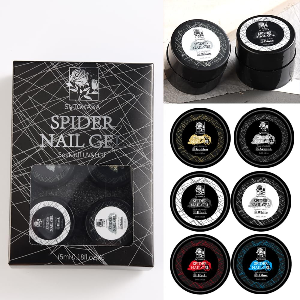 6 Colors Spider Gel Set, Elastic Drawing Spider Gel with Nail Art Brush, White B