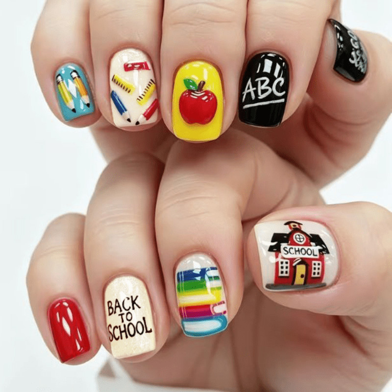 48pcs Short Square Press on Nails, Back To School Apple Pencil Cartoon Nail Art