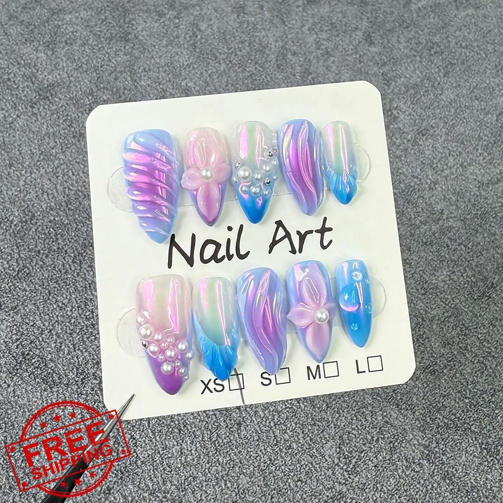 Handmade Press on Nails Almond Purple Flower Pearl Embossed Sparkly M