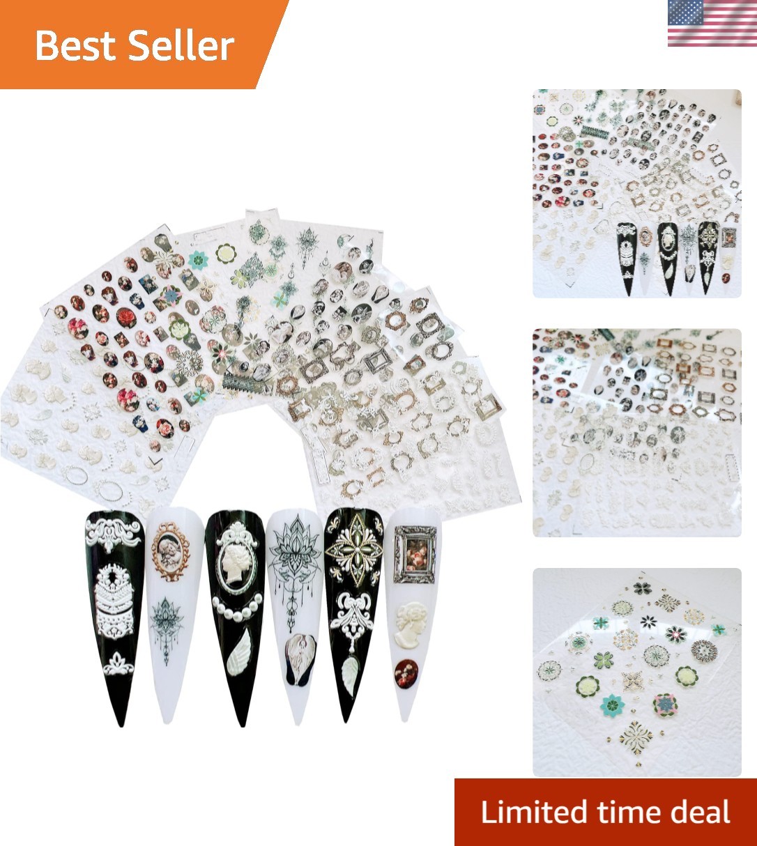 7Sheets Nail Art Adhesive Sticker Sheet 3D White Wedding Frame Shapes Nail Ar…