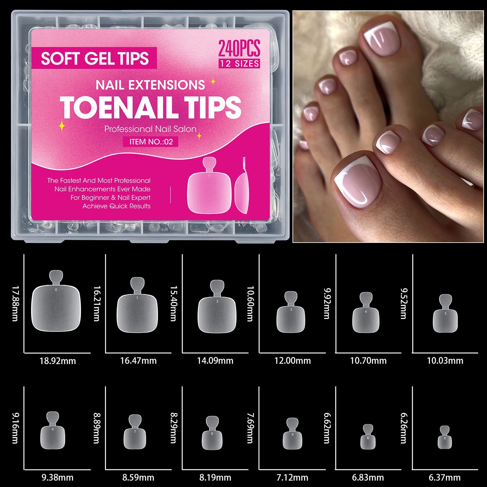 240Pcs Soft Gel Toenail Tips Full Cover Press On False Nails for Pedicure 12Size