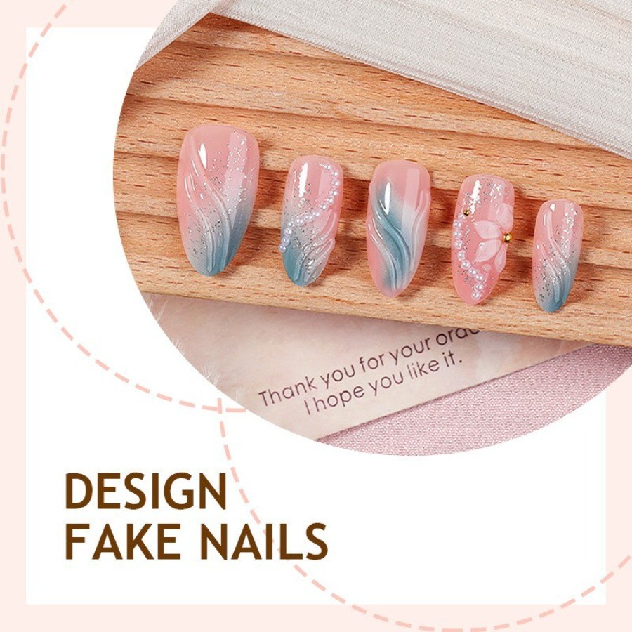 60Pcs-Long Almond Teal Wave 3D Floral Pearl Rhinestone Fake Press on Nails Set