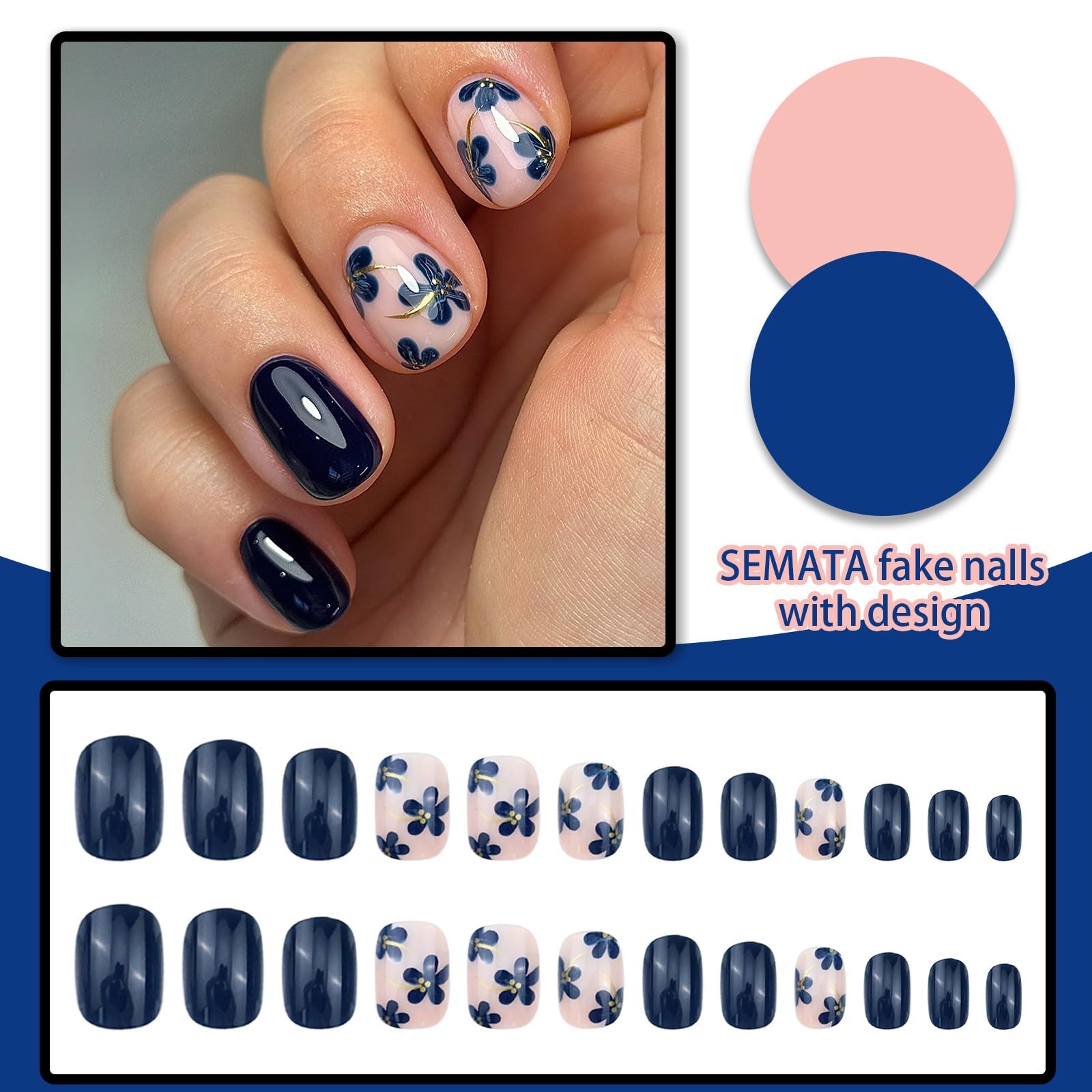 Spring Dark Blue Press on Nails Short Square Acrylic Nails Press ons Summer F…