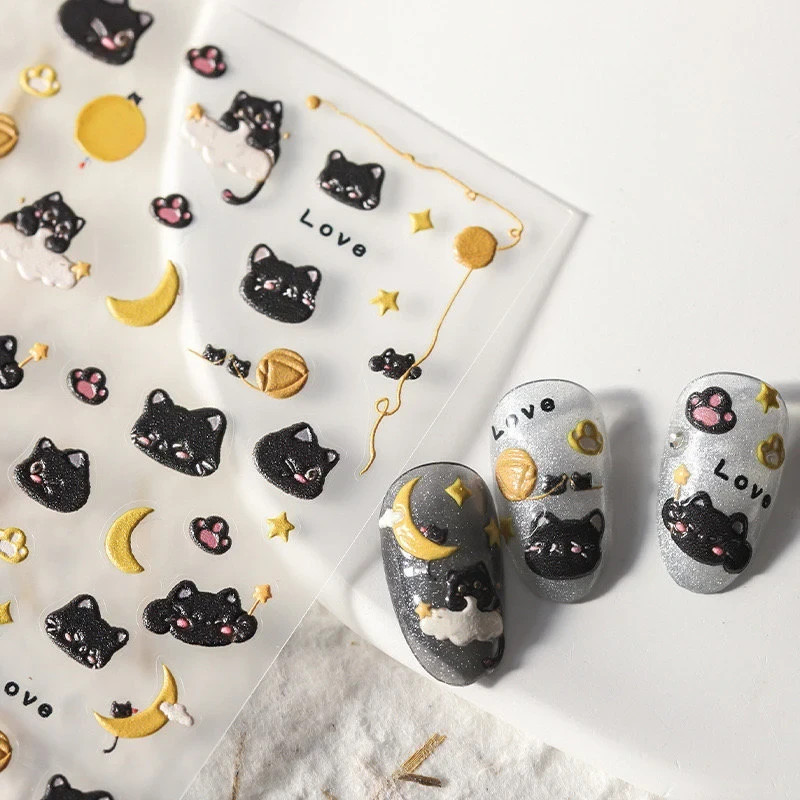 Moonlit Cat Nail Stickers – Black Cats, Moons & Stars Nail Decals (187)