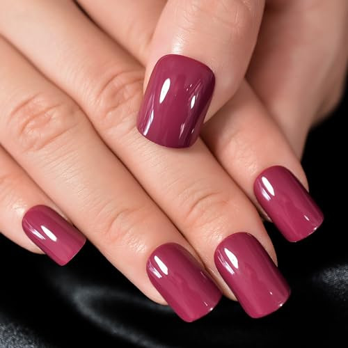 Press on Nails Glossy Dark Rose Pink False Nails Medium Length Dark Pink