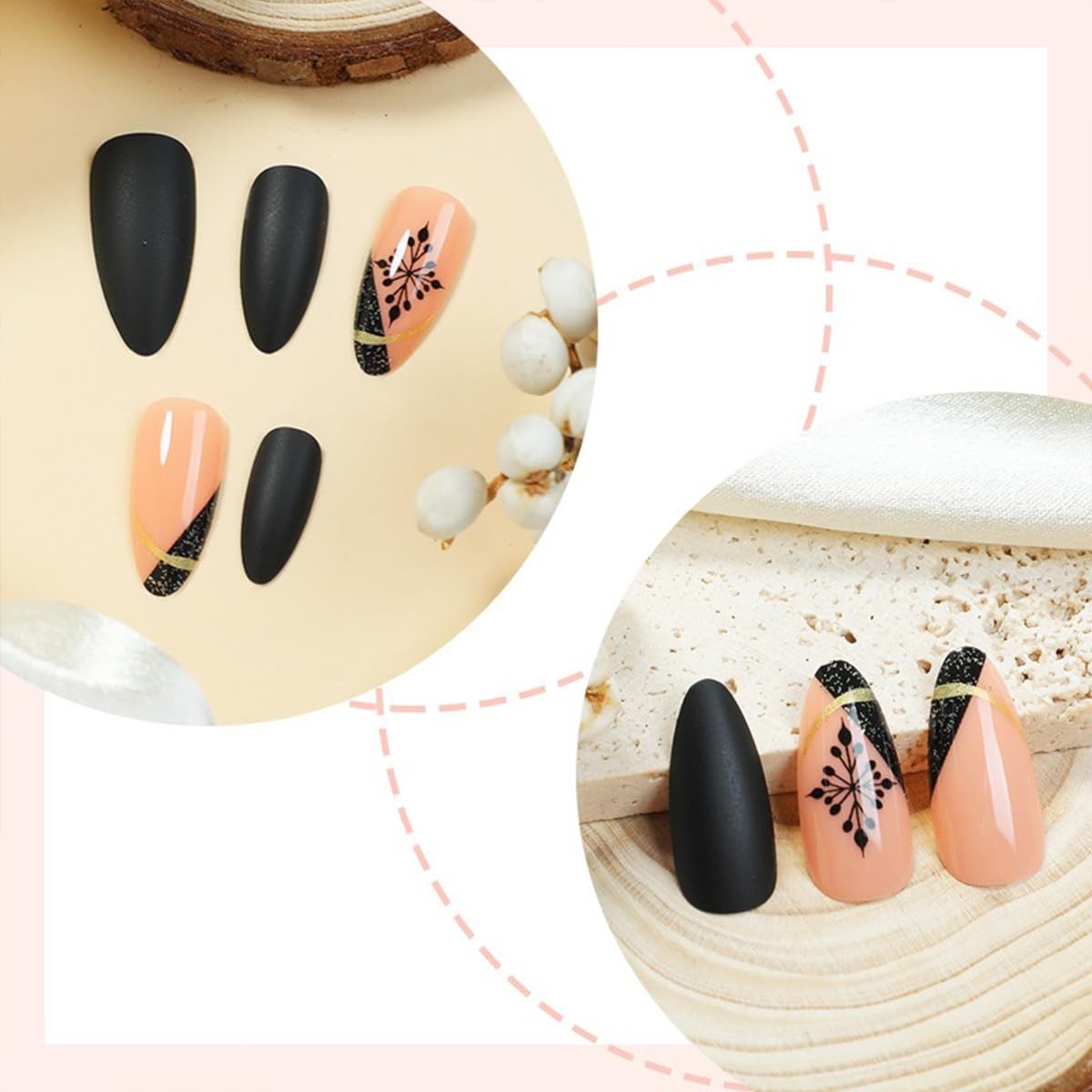 Winter Press on Nails Medium Almond French Tip Fake Nails Black Matte Solid C…
