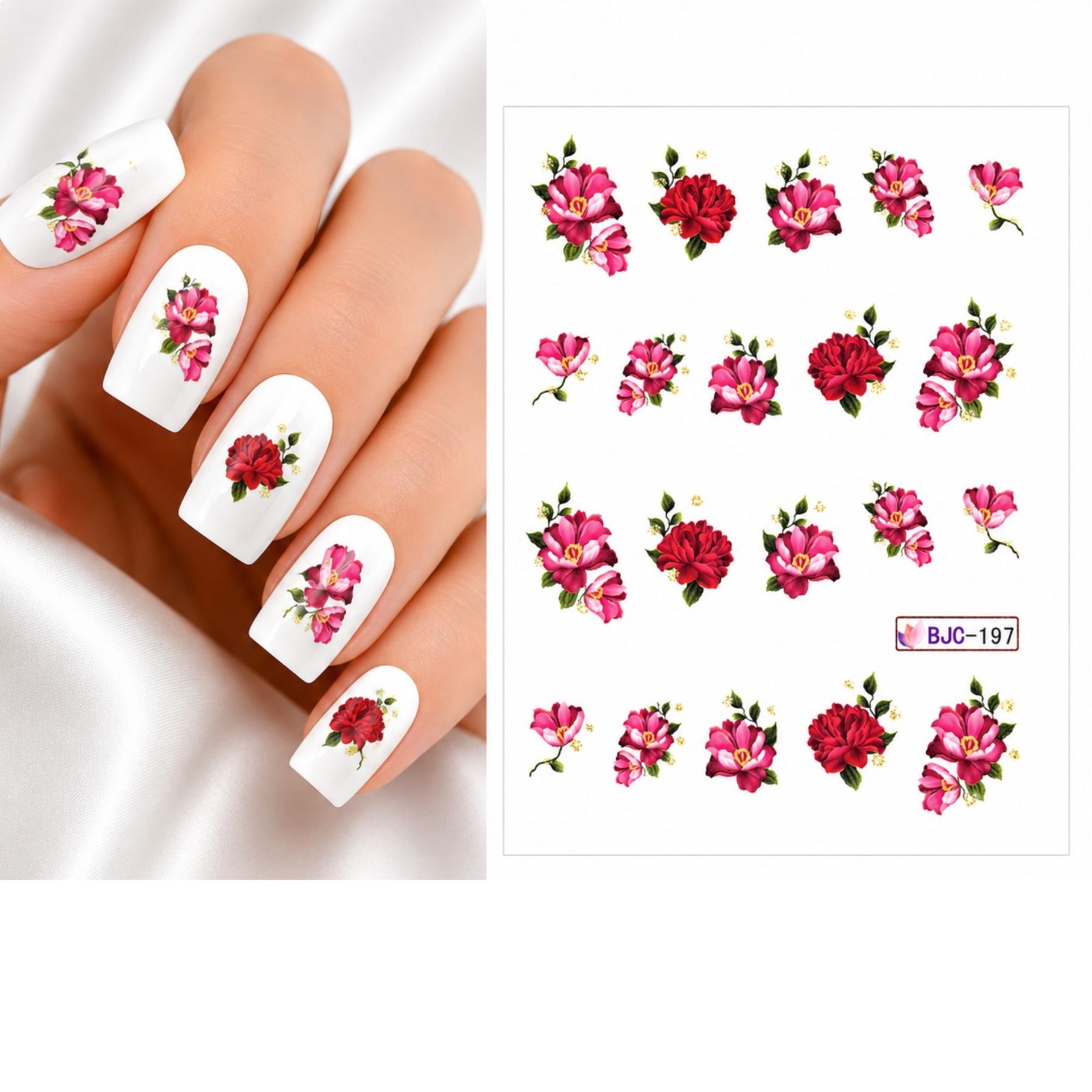 Red Rose Flower Water Transfer Silver Nail Decal DIY Manicure Blossom Spring