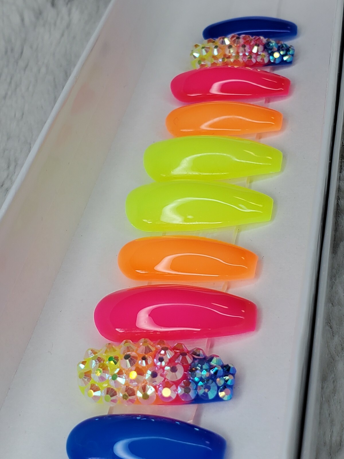 Neon Rainbow ombre bling nails w/ crystals Gel Press On jelly nails full set