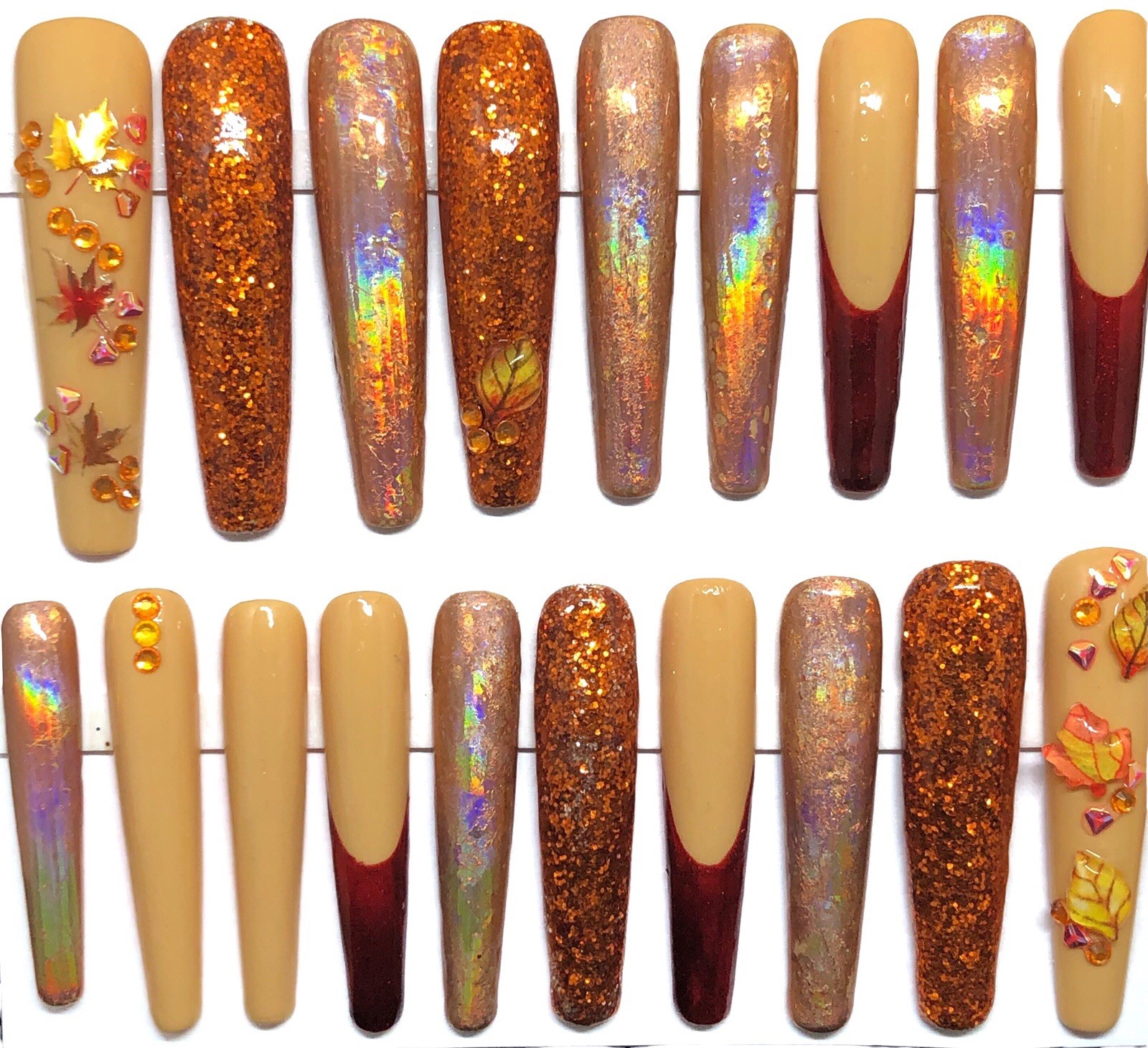 Handmade Custom Press On Nails 2XLong Coffin Fall Leaves Holograms Glitter Bling
