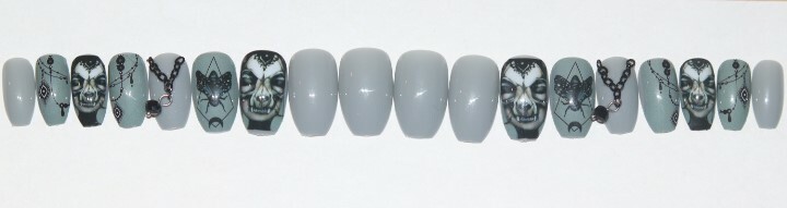 Grey Gothic with black chain and swinging gem- press on nail set- Set of 18
