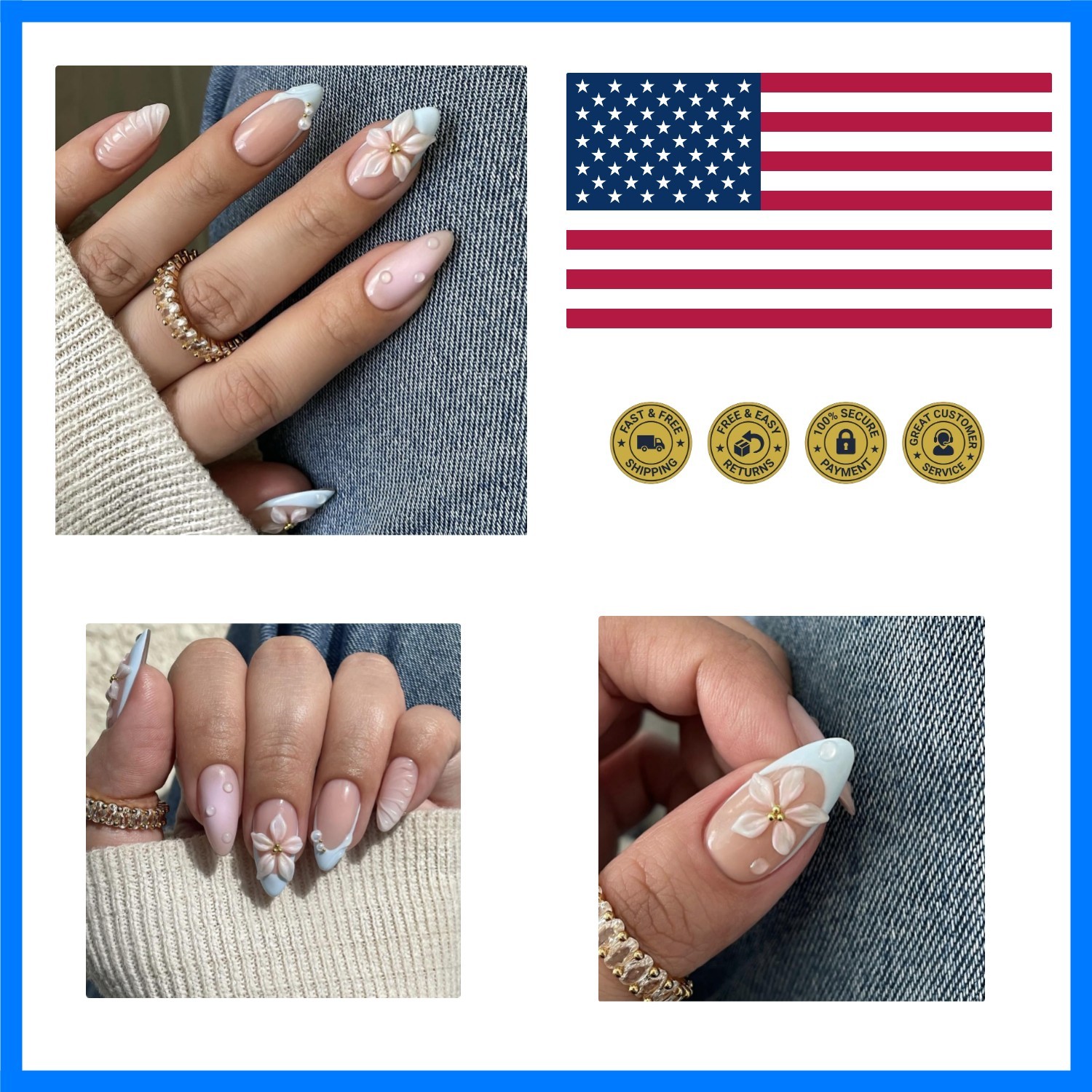 Almond Flower Pearl Press on Nails – Medium 3D Fake Nails with French Tip Des…