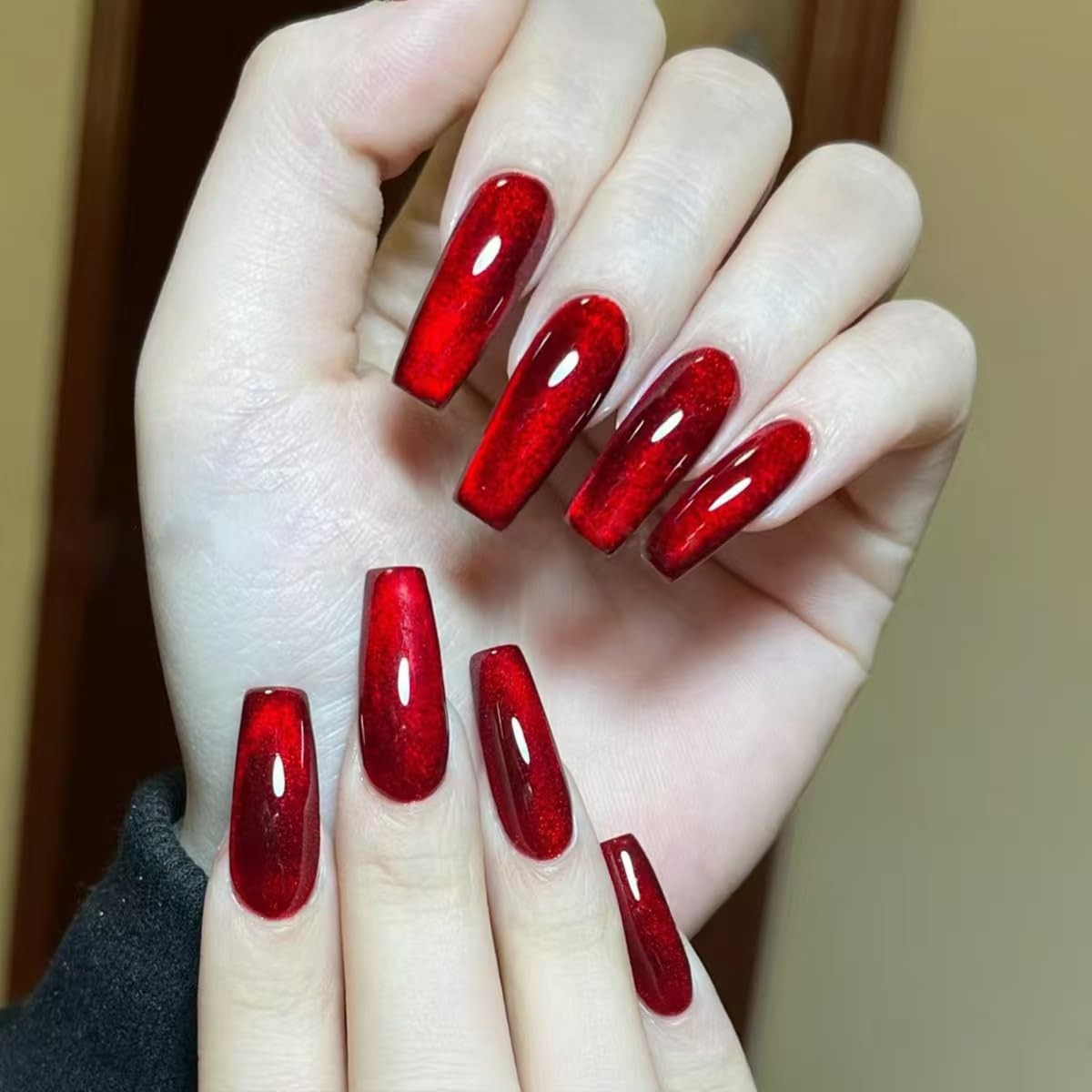 Red Press on Nails Square Medium Fake Nails Wine Red Cat Eye False Nails Long…