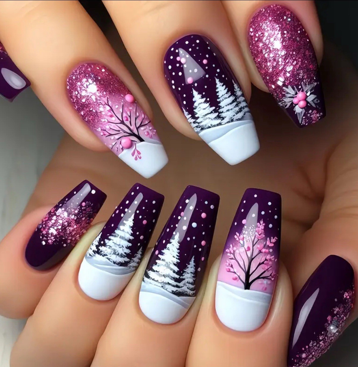 24 Pc Press On Nails Christmas Snow Scene Pink Purple White