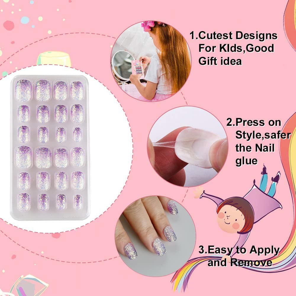24Pcs Kids Press on Nails for Girls,Purple Gradient Short, Purple