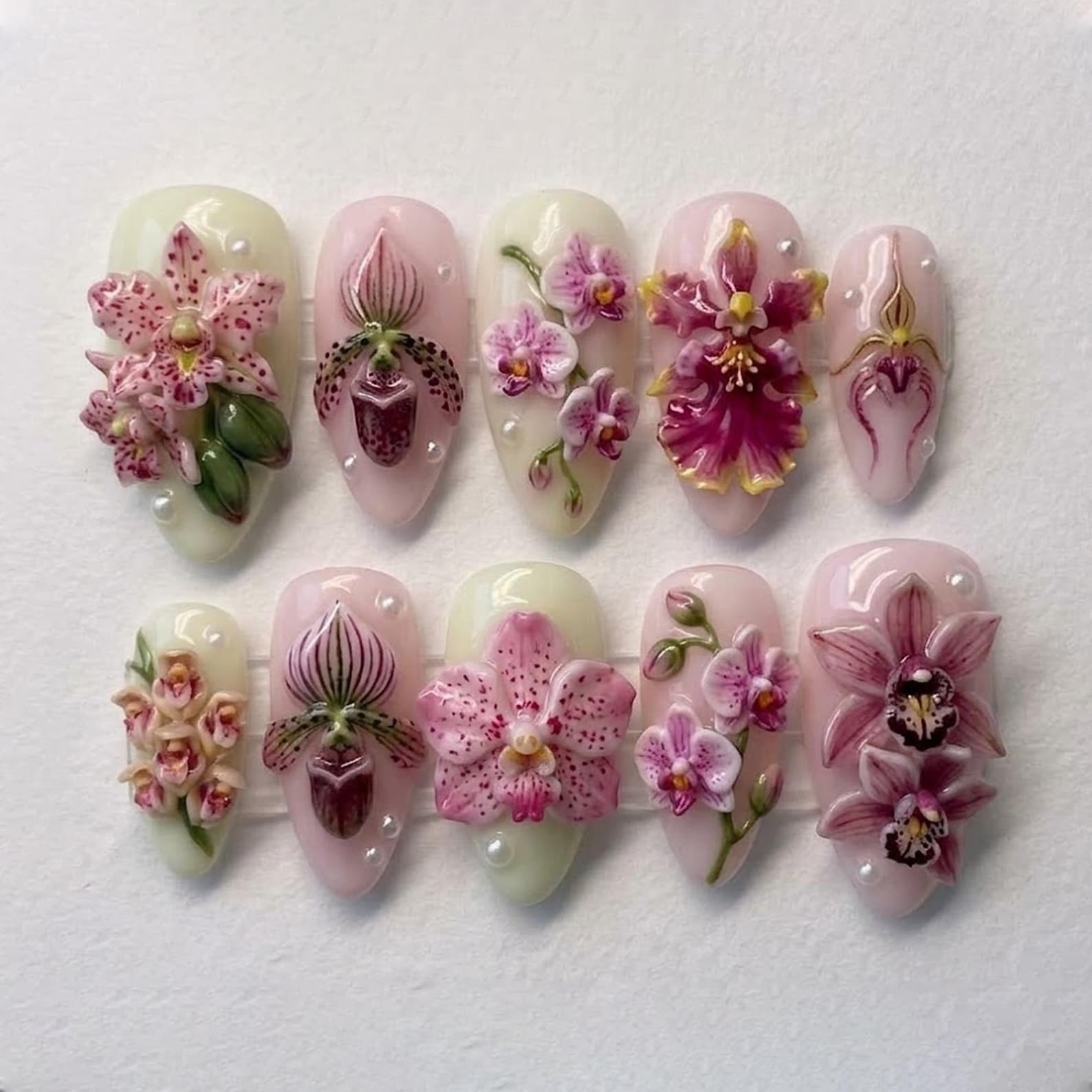 Handmade 3D Pink Spotted Orchid Pearl Gradient Medium Almond Press on Nails