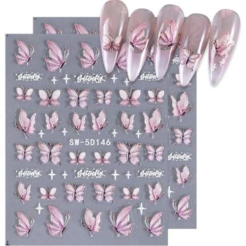 2 Sheets Glitter Butterfly Nail Stickers, Aurora Pink nail stickers 03