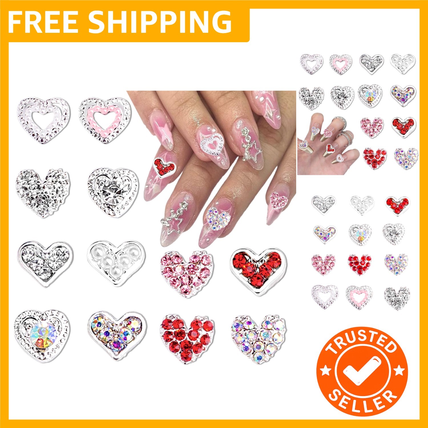 12Pcs Silver 3D Heart Nail Art Charms Rhinestones for Nails Valentine’s Decal…