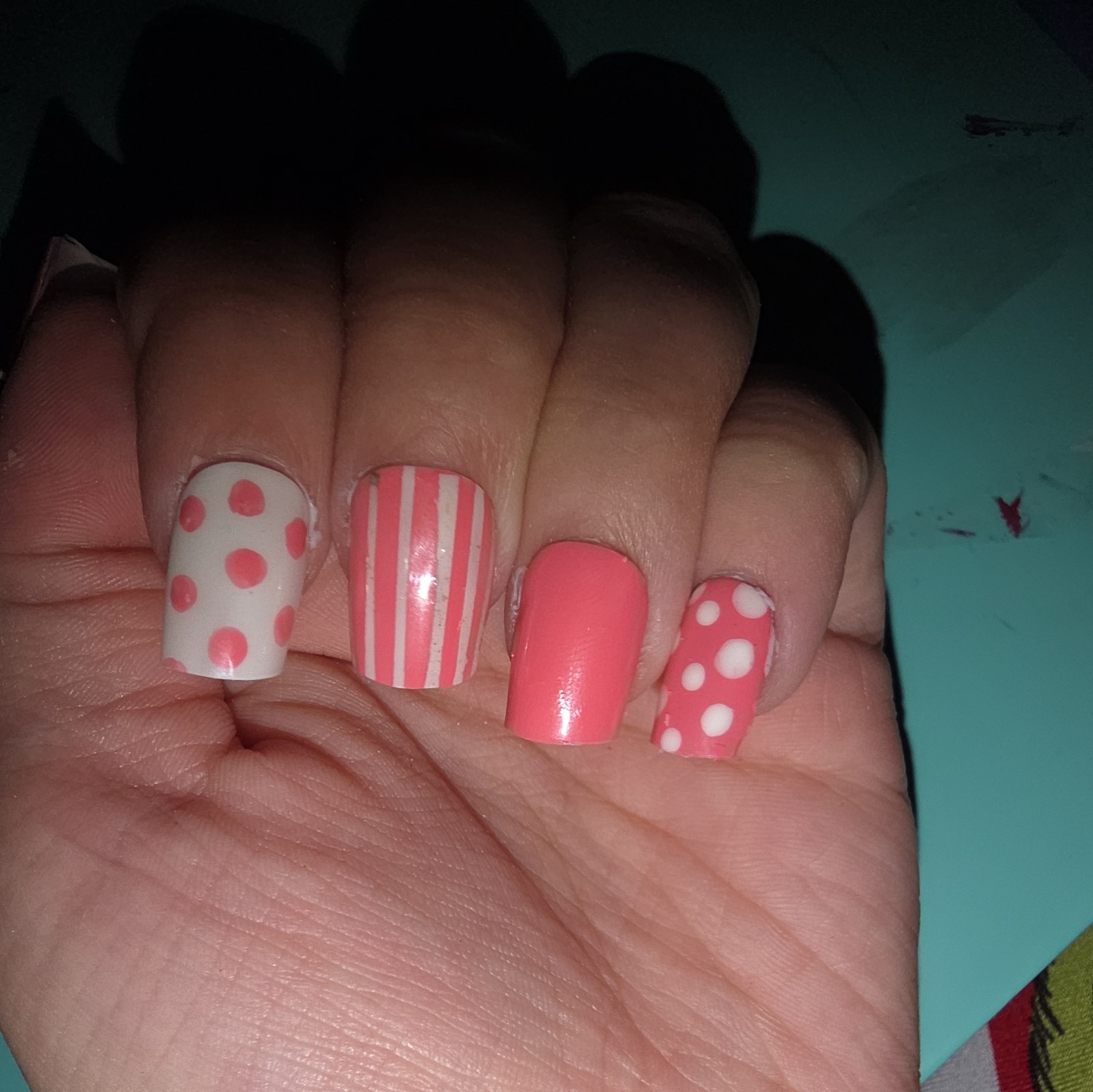 White Polka Dots, Pink, Lined, Pink Polka Dots And Pink Nails Full Set
