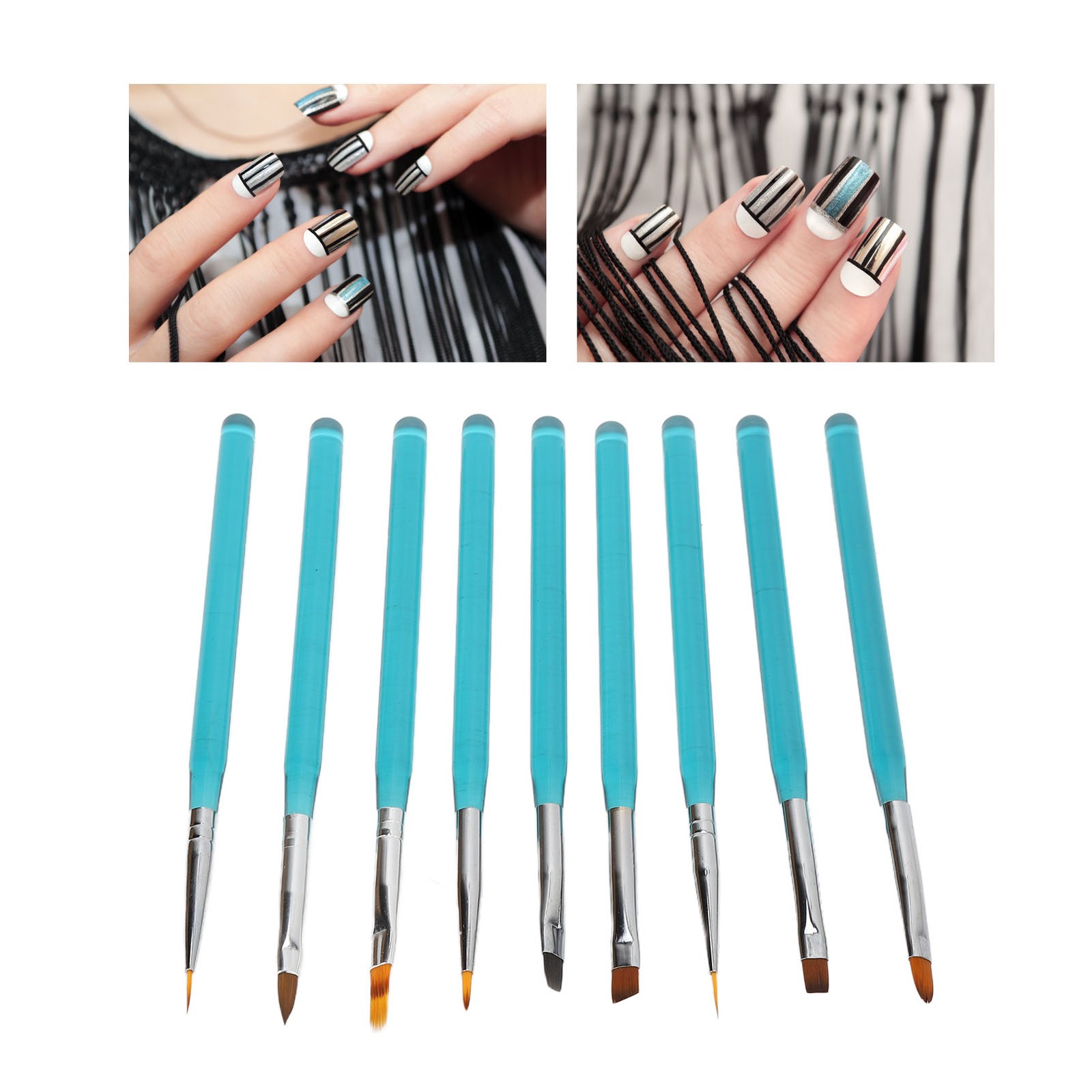 9Pcs Nail Art Brush Set Nylon Hair Blue Metal Rod