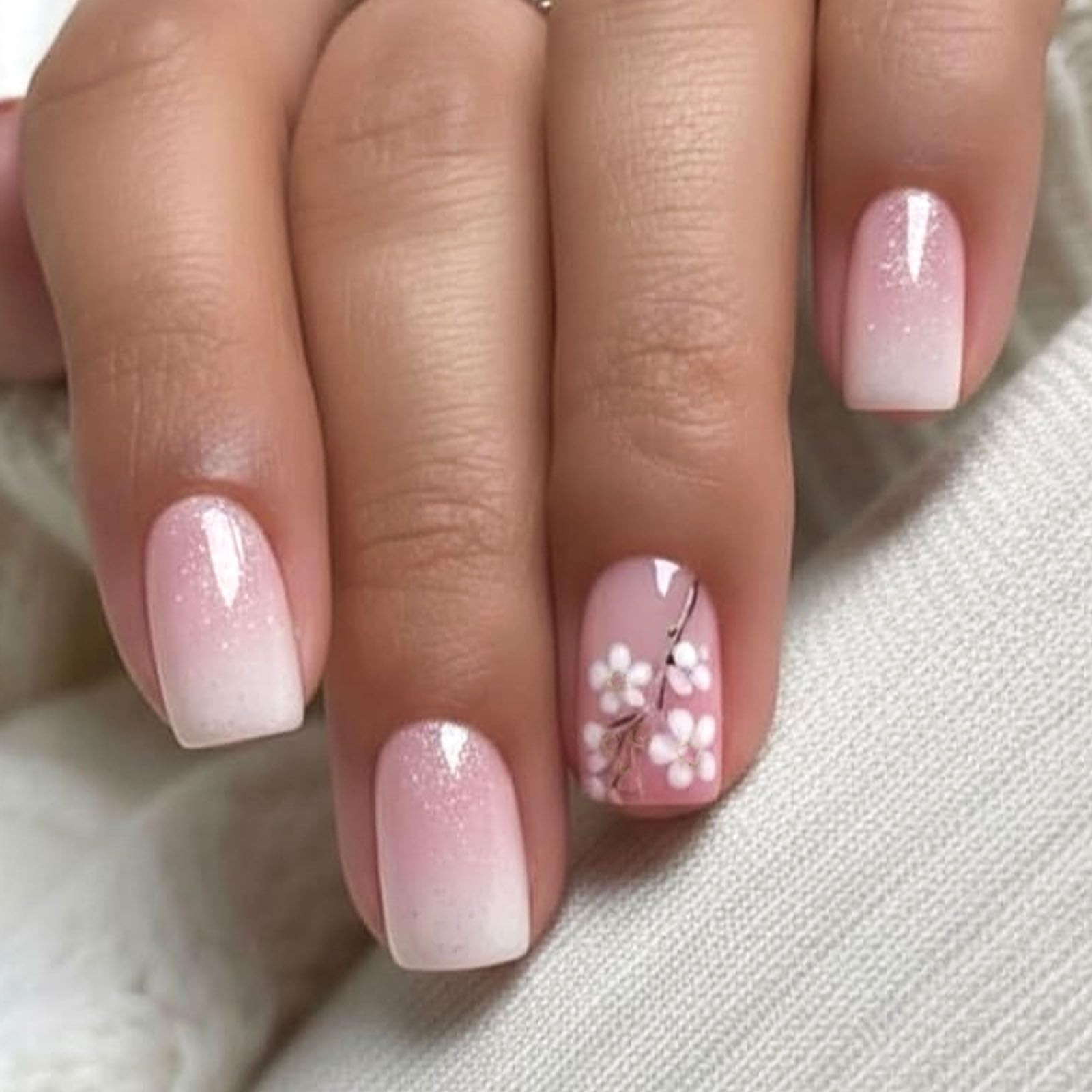 Gradient Press on Nails Short Square Fake Nails with Glitter Ombre Flower Flo…