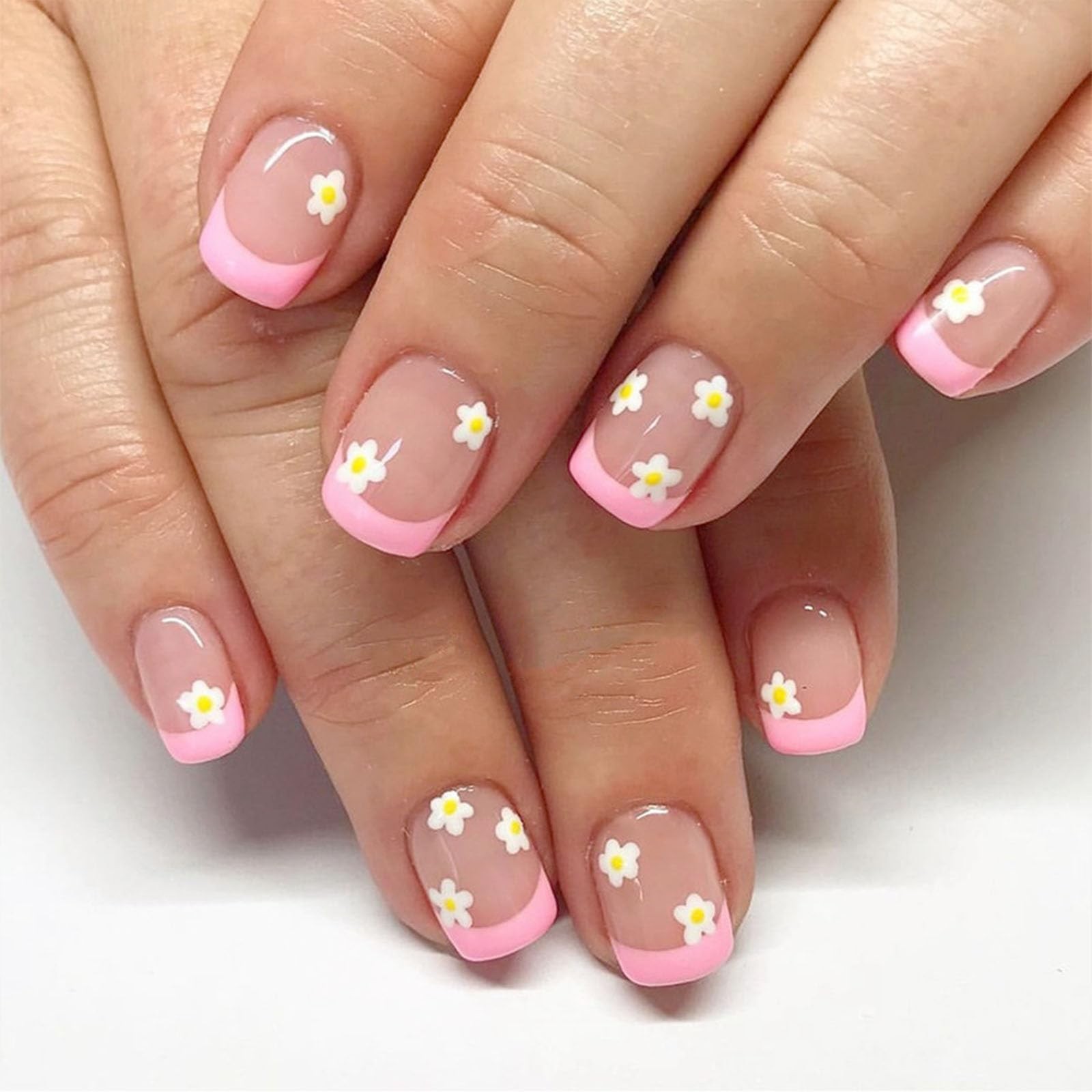 Pink French tip Press on Nails Short Square Fake 24 Fl Oz (Pack of 1),