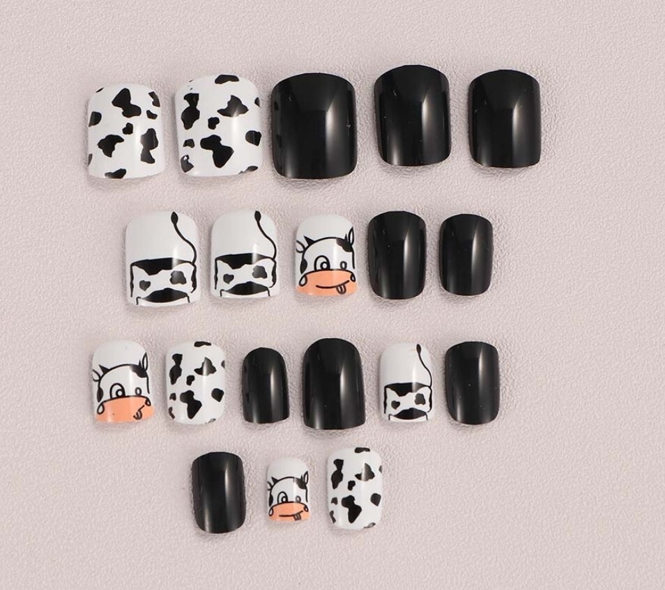 24 Cow Print Short Black White Press On nails design gothic ima cow moo doja cat