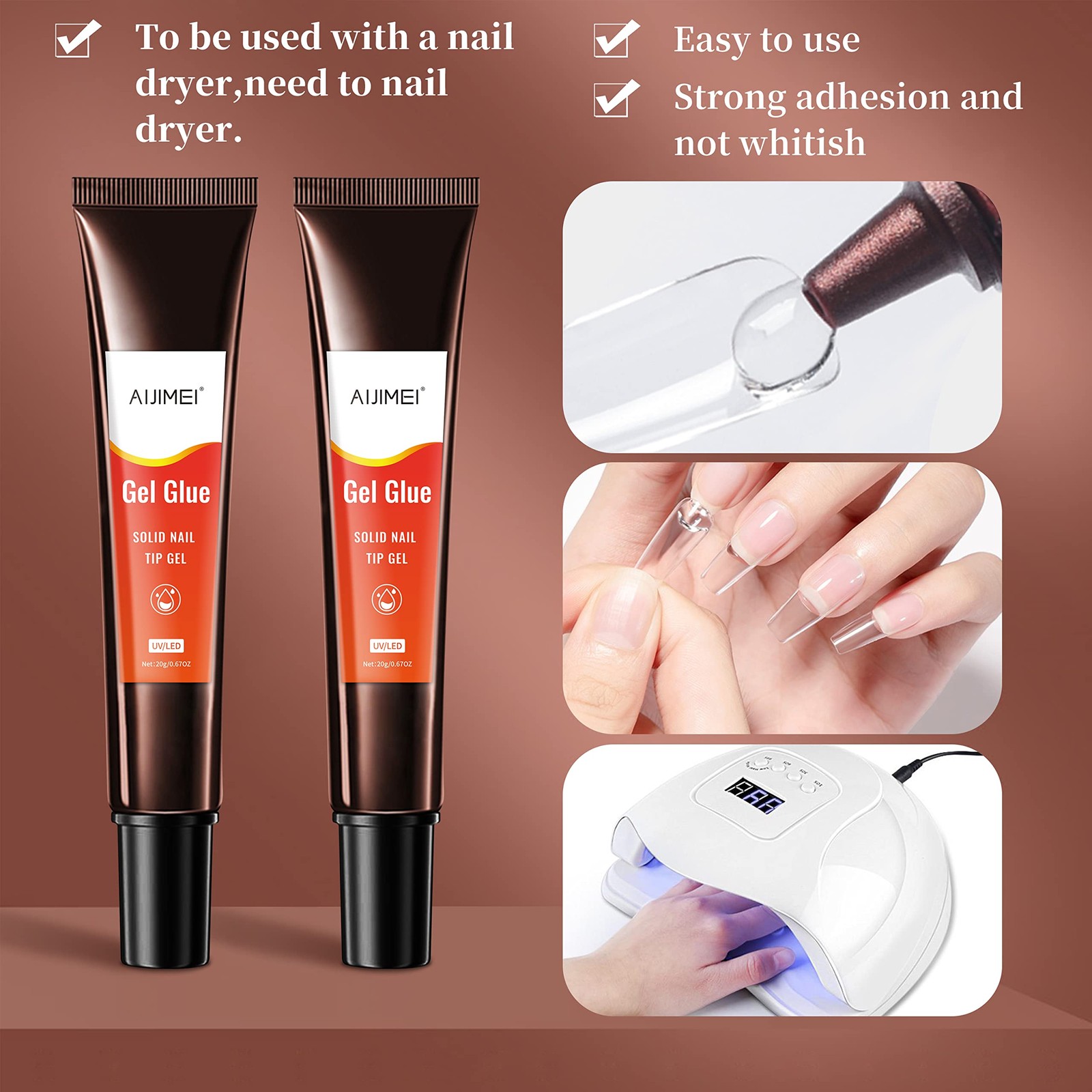 Nail Gel Glue 20ml 2PCS for UV Acrylic Tips – Solid Adhesive for Fake Nails -…