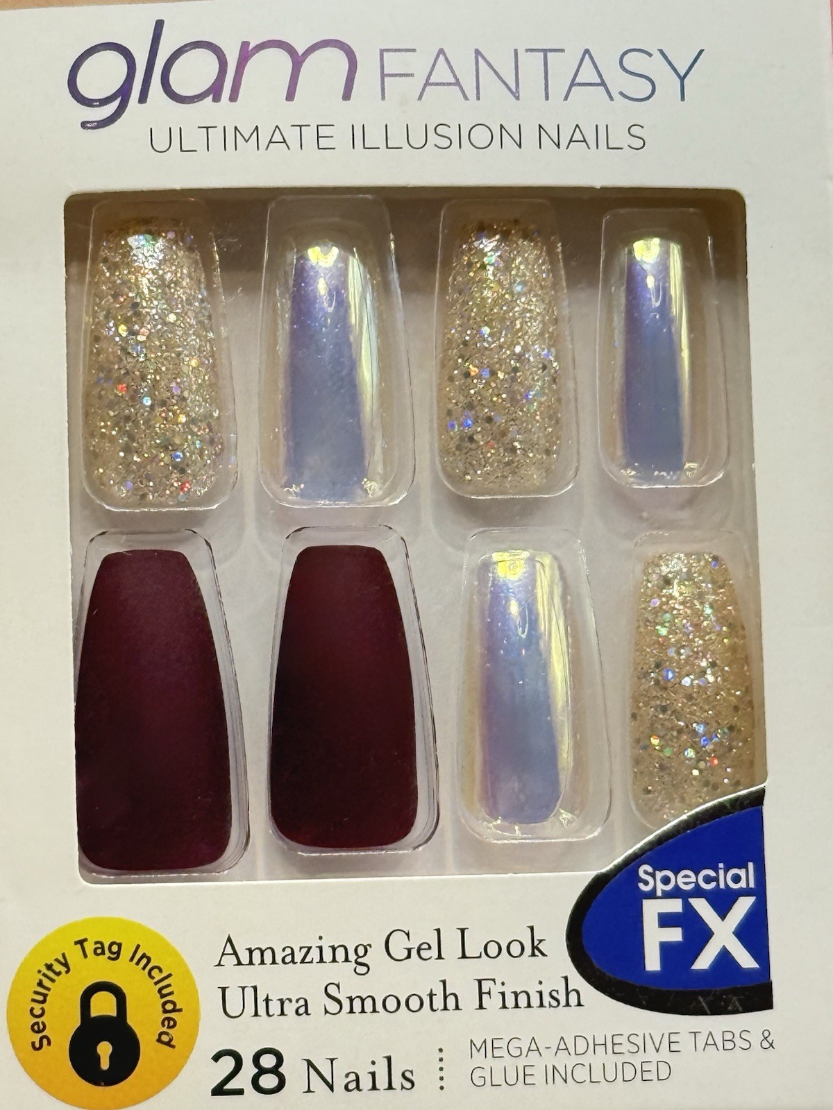 Kiss Glam Fantasy Press-On Manicure Nails Long Burgundy Holo Glitter 82961