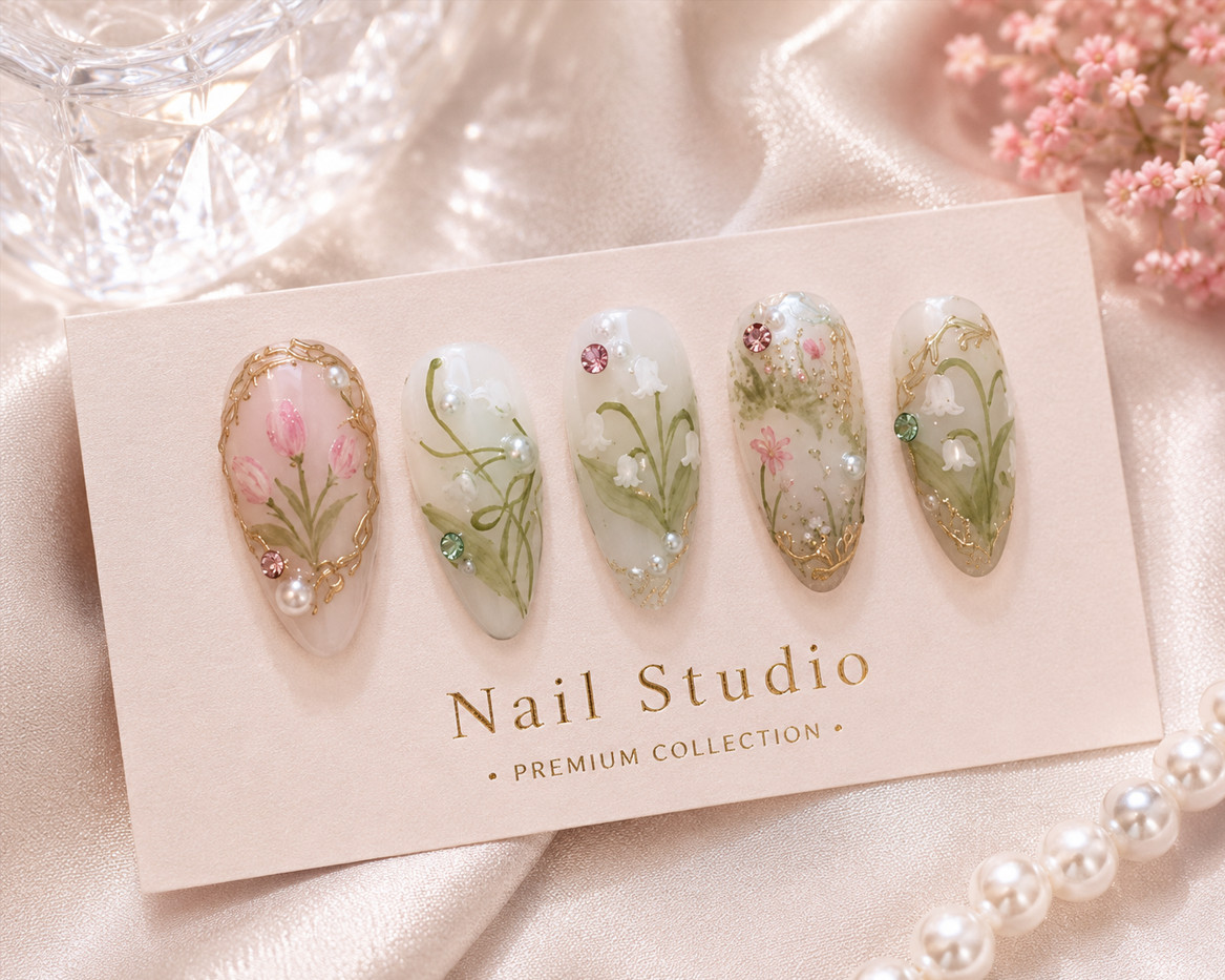24Pcs Middle Length Green Flower French Press On Nails 3D Pearl Almond