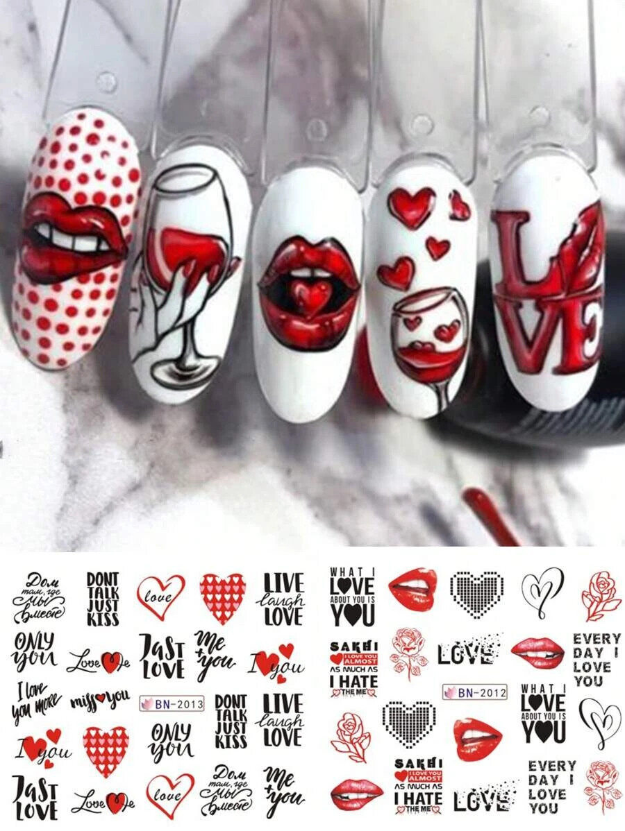 12 x Nail Stickers Valentines Day Art Water Decal Love Heart Sheets