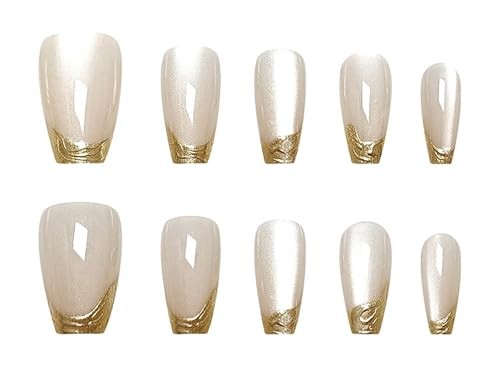 Medium Press on Nails Gold French Tip Fake Nails Cat Eye Medium Style-Z5Z11