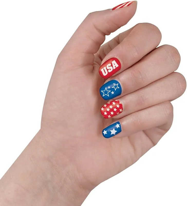 Patriotic USA Nail Stickers Self Adhesive Nail Decals Red White Blue 20 Ct
