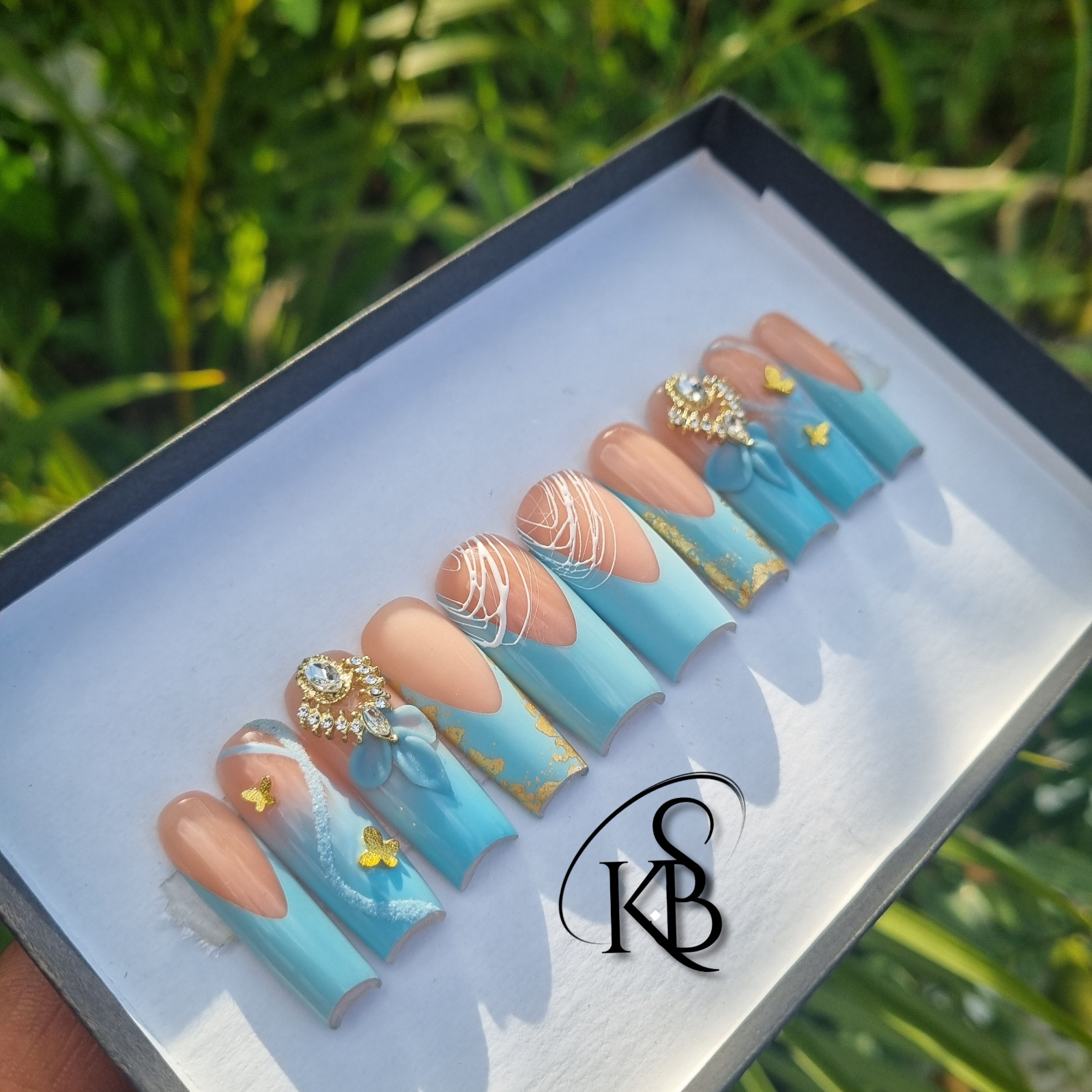 Handmade Luxe Acrylic Press On Nail Long Square Sky Blue Butterflies Zircon