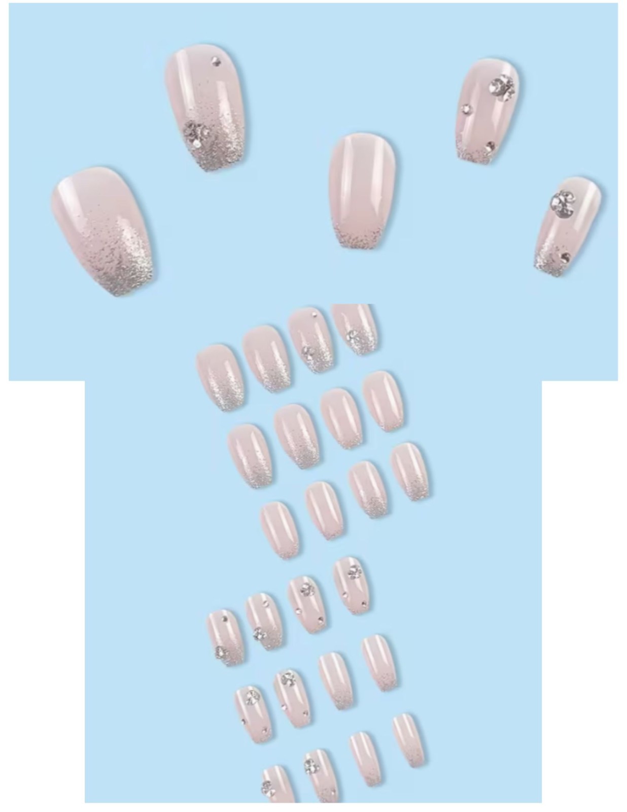 24pcs Glossy Short Coffin Press-On Nails – Pink French Style with Rhinestones