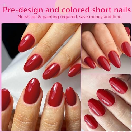 Oval Press on Nails Short Fake Nails, 240pcs Red Nails Press on Deep Red