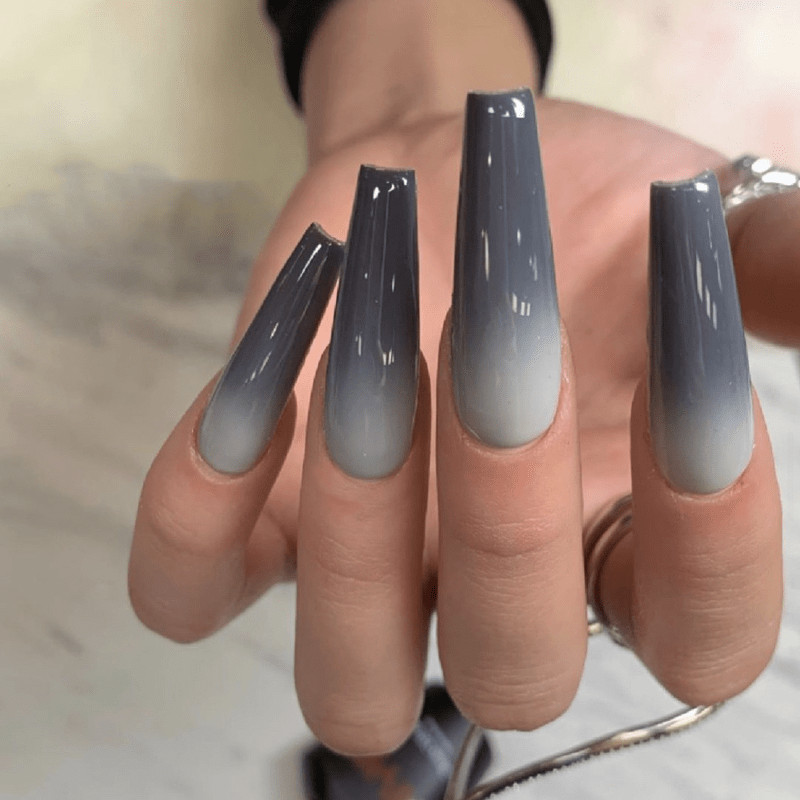 47Pcs-Long Coffin Gray White Gradient Glossy Fake Press on Nails Art Set