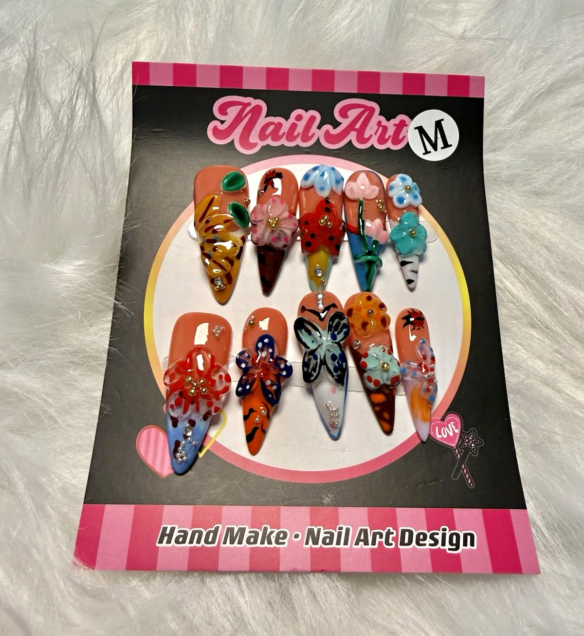 Multicolor 3D Floral Long Stiletto Press-On Nails Pre-Designed Handmade