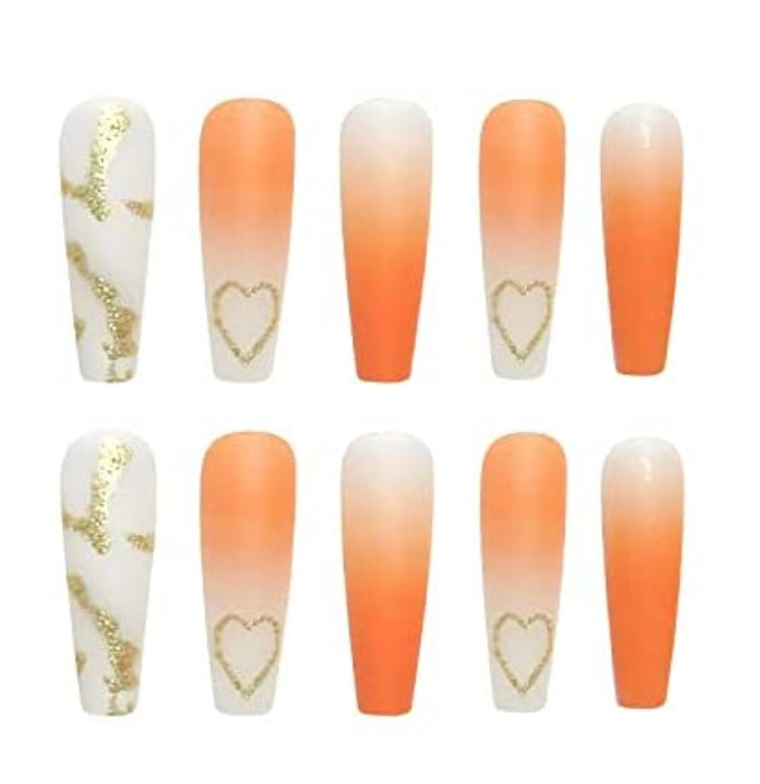 24 Press on nails Kit w Glue Frosted Peach gold heart clear white pink orange
