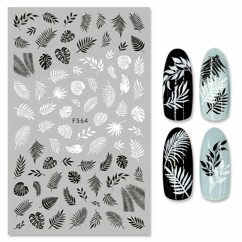 Geometric Leaves 3D Nail Stickers White Black Adhesive Decals Flowers F564 NS14
