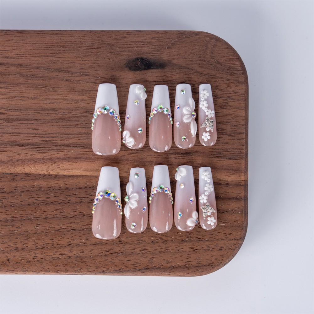 10pcs Luxury Handmade French Tip Press On Nails Long Coffin Stick On Nails Gift