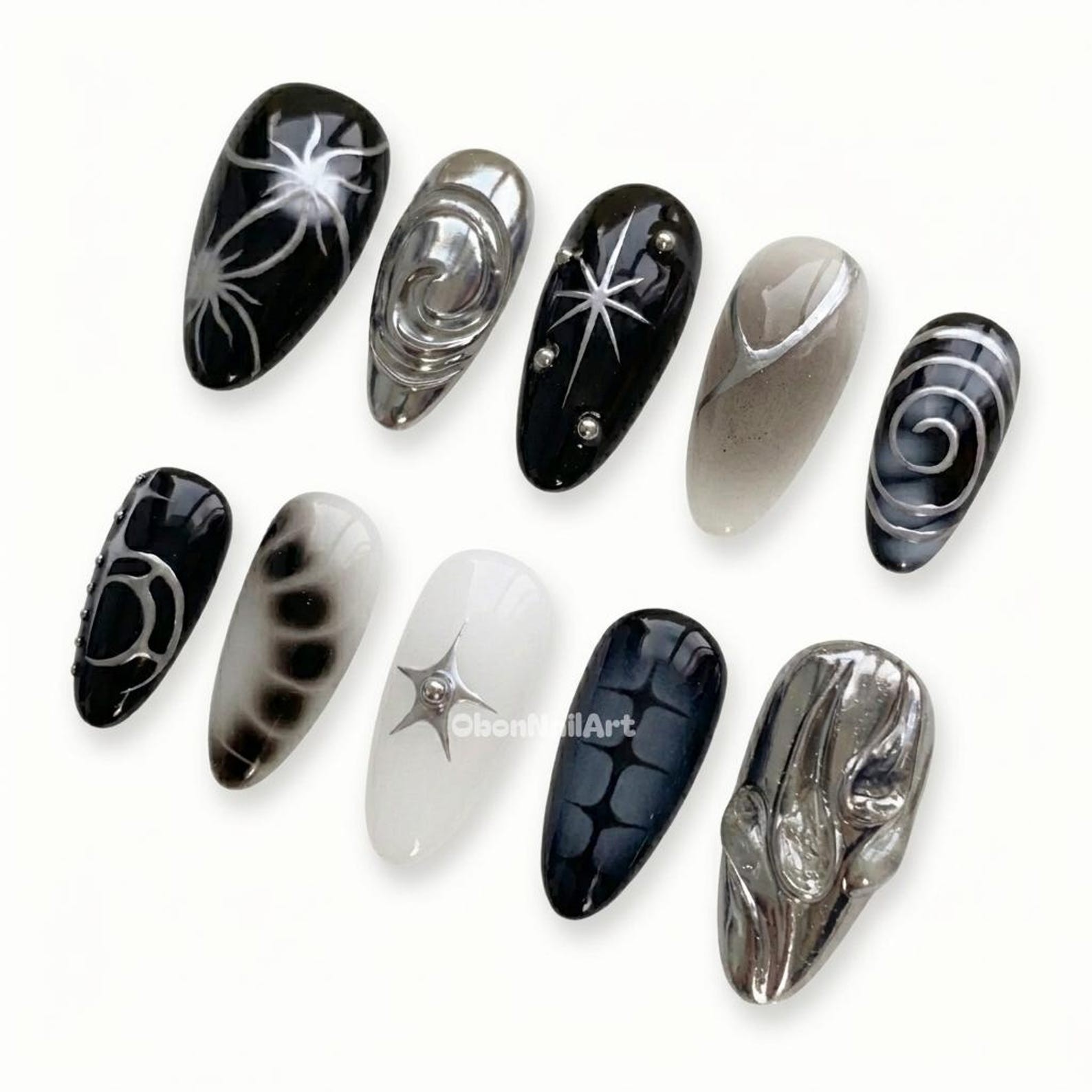 Handmade Black Silver Chrome Swirl Star Rhinestone Medium Almond Press on Nails