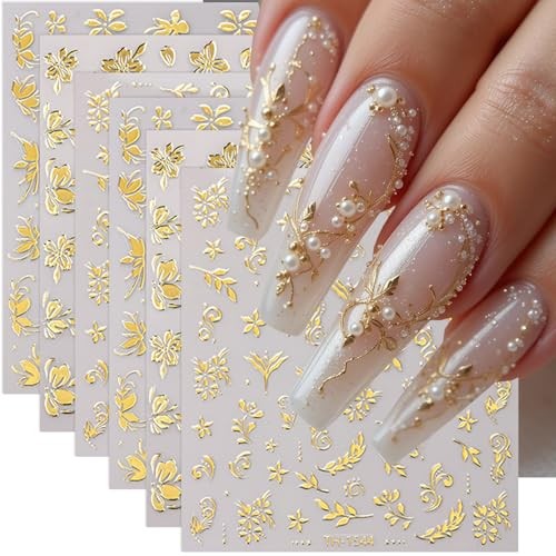 6 Sheets Gold Nail Stickers for Nail Art 3D Self-Adhesive Metallic Floral Leaf