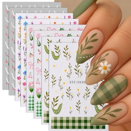 8 Sheets Spring Nail Stickers 3D Self-Adhesive Flower green nail stickers-11