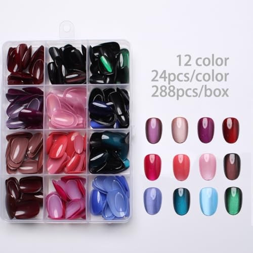 288Pcs Cat Eye Press on Nails Short Almond Fake Nails 12 Color Glitter Style 12