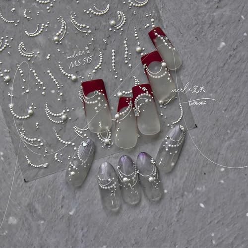 White Pearl Chain Nail Art Stickers Decals 5D Embossed Nail Stickers White-1