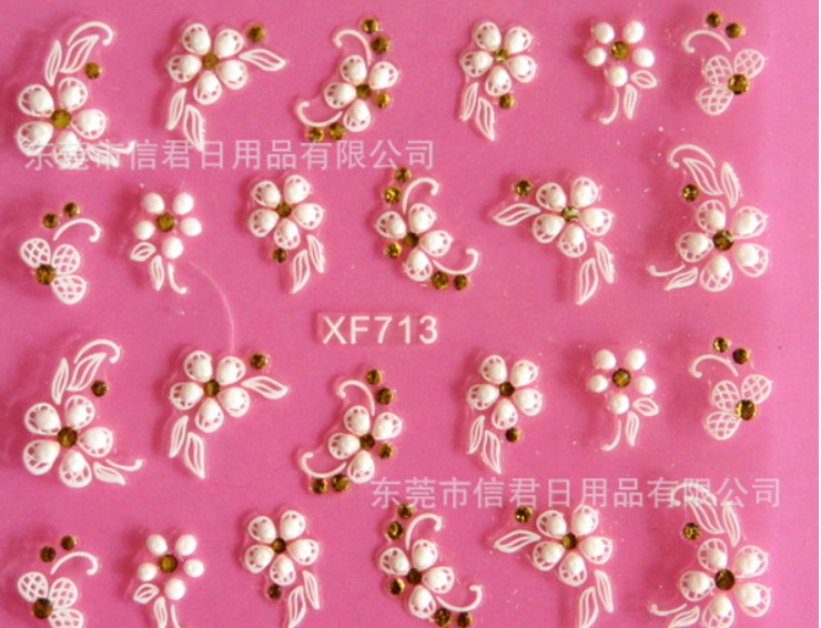 3D Nail Stickers White Lace Flowers with Gold Crystals bulk sale 10pcs